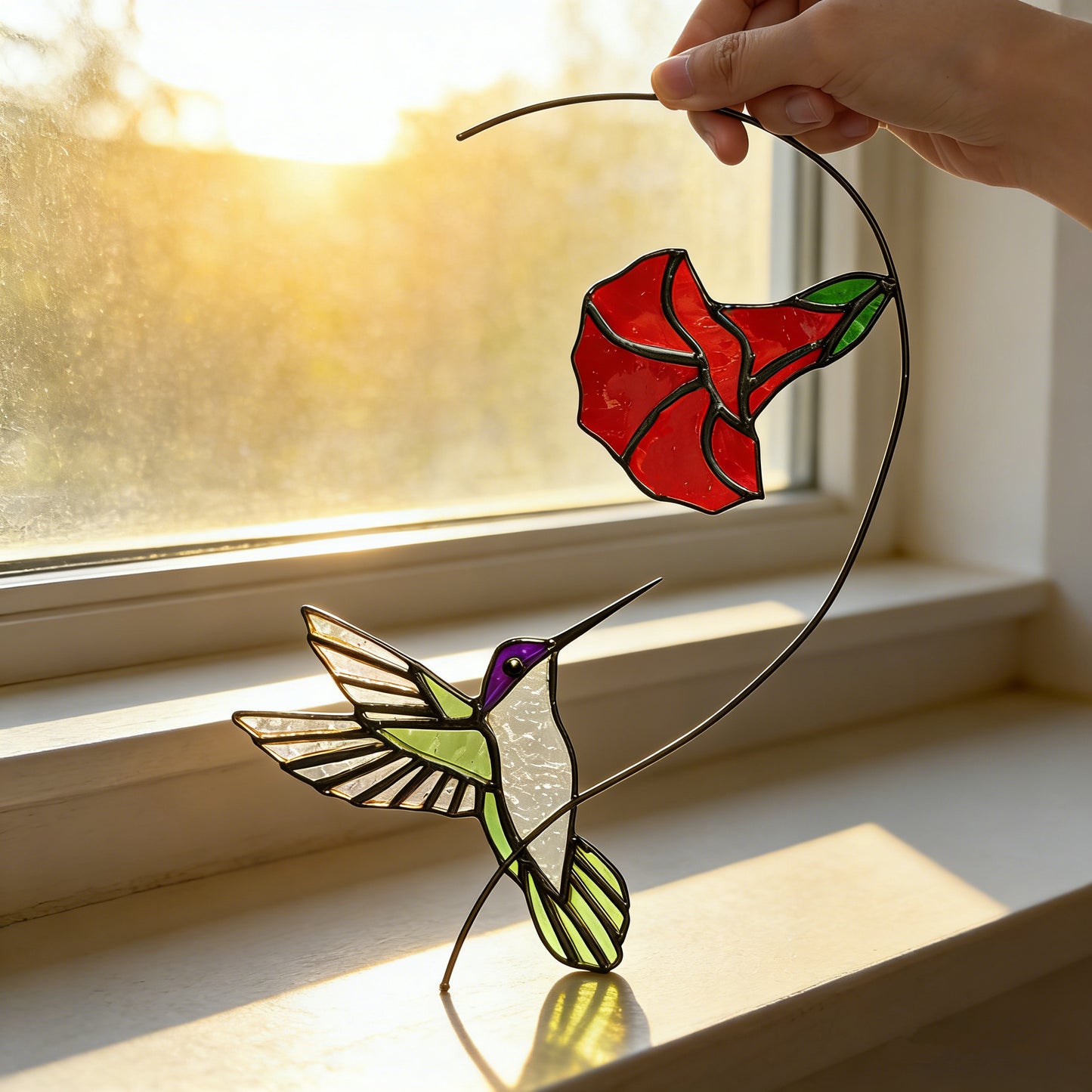 Stained Glass Hummingbird Suncatcher – Window Hanging Decor with Red Flower