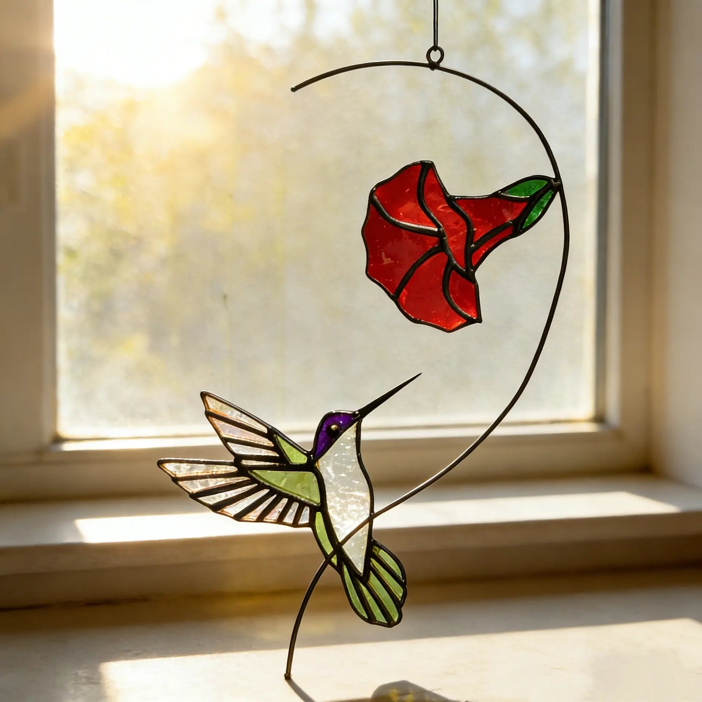 Stained Glass Hummingbird Suncatcher – Window Hanging Decor with Red Flower